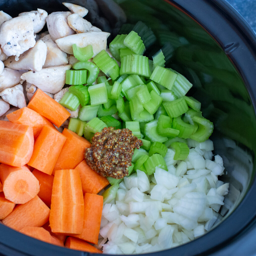 Slow cooker chicken and vegetable stew.